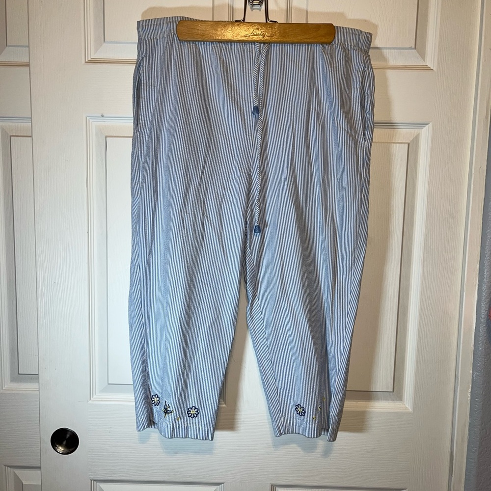 VTG Women's Light Blue Striped Capris with Floral Embroidery